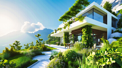 Garden and Housing Concept, Modern Architecture with Lawn and Terrace, Luxurious Landscape Design in a Residential Area