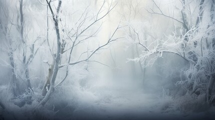 Hoarfrost on branches in a tranquil winter forest.