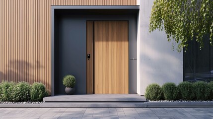 Contemporary Home Entrance with Wooden Door