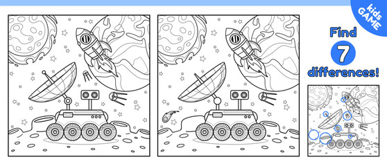 Kids space game Find 7 differences. Outline puzzle. Spot the different details. Cartoon lunar rover on the surface of the Moon. Vector contour design perfect for coloring page and baby activity book.