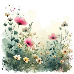 Watercolor a fantastical garden on a white background