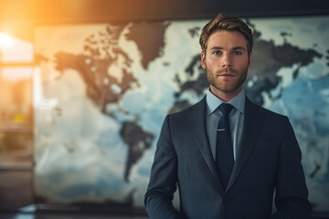 a tv news presenter on a popular channel. live stream broadcast on television. handsome white american british guy in a suit. weather forecast in studio. world map background. - obrazy, fototapety, plakaty