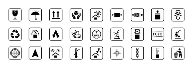 Packaging symbols set. Cardboard box symbols. Package and cargo icons. Vector - obrazy, fototapety, plakaty