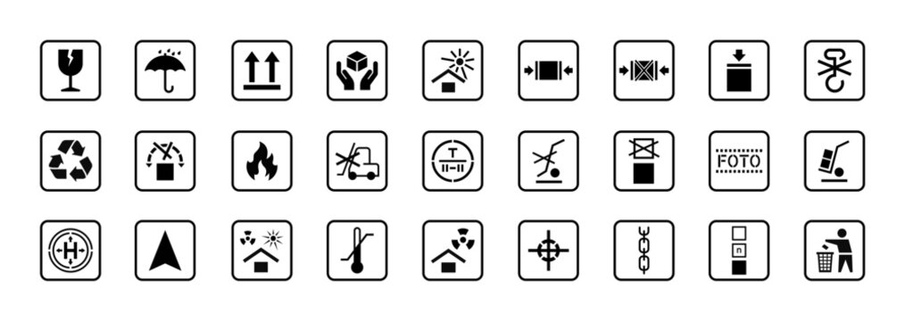 Packaging symbols set. Cardboard box symbols. Package and cargo icons. Vector