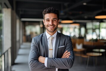 Portrait of a smiling young businessman standing with arms crossed in office