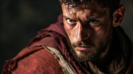 Obraz premium Dramatic close-up of an actor portraying a character on stage, showcasing the versatility and emotion in their performance, remarkable faces, actor portrait, hd, dramatic with copy