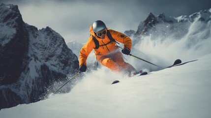 Skier skiing downhill in high mountains. Sport and active lifestyle.
