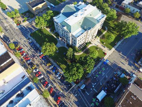 Aerial View of Urban Car Show, Classical Building and City Traffic in Indiana