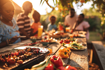 a black african american family and friends having a picnic barbeque grill in the garden. having...