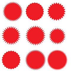 Set of red starburst. Price sticker, sale sticker, price tag, starburst, quality mark, retro stars, sale or discount sticker, sunburst badges, sun ray frames, promotional badge set, shopping labels 