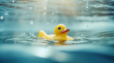 A yellow rubber duck was photographed on clear water. generative AI - obrazy, fototapety, plakaty