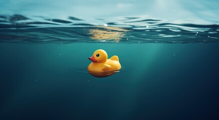 A yellow rubber duck on the water - obrazy, fototapety, plakaty