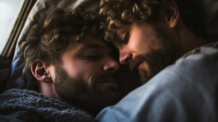 Close-up of a happy gay couple cuddling in bed, tender moments together.