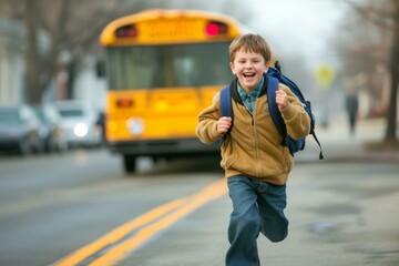In this delightful capture, a happy boy runs home from the elementary school bus, brimming with the contagious energy of youthful exuberance and the joy of returning from school