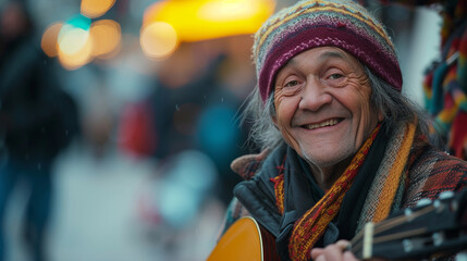 Candid photo of a street performer, capturing the joy and spontaneity in their facial expressions,...