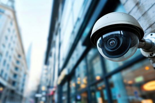 a modern security camera on a building in a city. with blurred background.