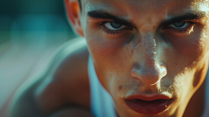 Close-up of an athlete in the heat of competition, capturing determination and focus, remarkable faces, athlete portrait, hd, determined with copy space