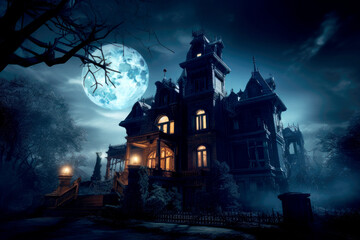 Fototapeta na wymiar Creepy old mansion in the moonlight.