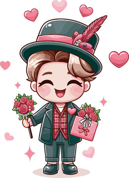 valentines day cartoon boy holding flowers