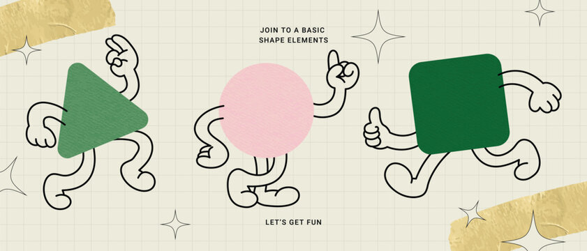 Set of Geometric shape characters, doodle hands, talk bubble texts, in basic style with elements on paper background. Vector illustration for branding, packaging, prints and social media posts.
