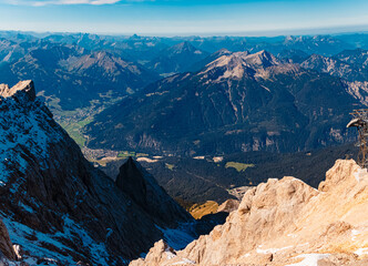High resolution stitched alpine summer panorama at Mount Zugspitze, Top of Germany, Garmisch-Partenkirchen, Bavaria, Germany