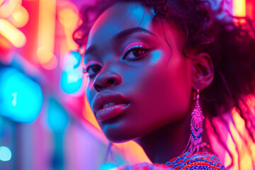 Vivid Portrait of Woman in Neon Lights.
Striking female portrait amidst neon city lights.