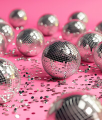 Silver disco balls on pink background