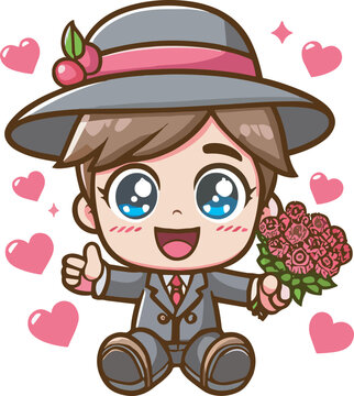 valentines day cartoon boy use cap holding flowers