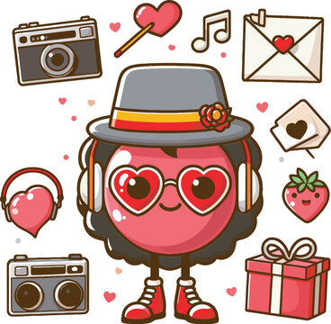 Retro groovy set for Valentines Day. Hippie love sticker, funny characters in shape of heart, trend 60s 70s. Vector cartoon illustration