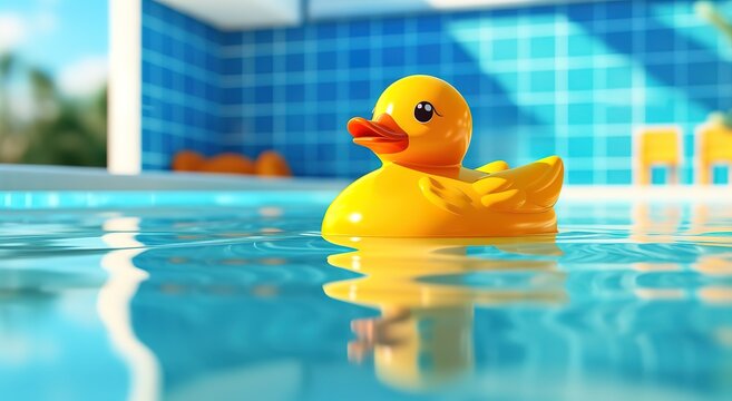 A yellow rubber duck was photographed on clear water. generative AI