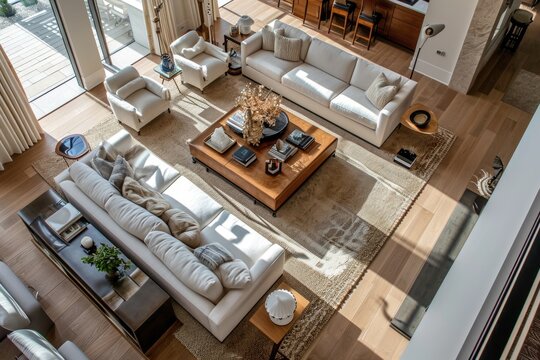 Modern Living Room Overhead View with Sunlight