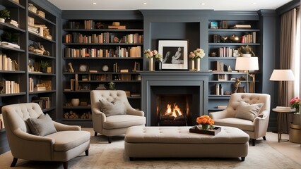 Elegant Living Room with Dark Blue Built-in Bookshelves, Cozy Fireplace, and Comfortable Beige Armchairs
