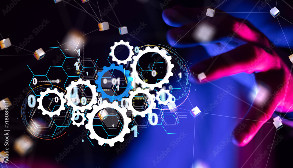 Poster Neural network 3D illustration. Big data and cybersecurity