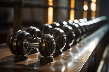 Rows of black dumbbells in a fitness center. generative AI - obrazy, fototapety, plakaty