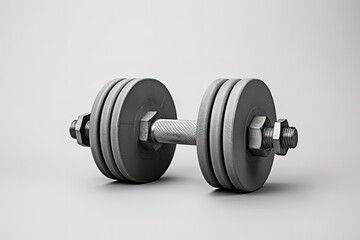 Silver dumbbells in photo on gray Background. generative AI
