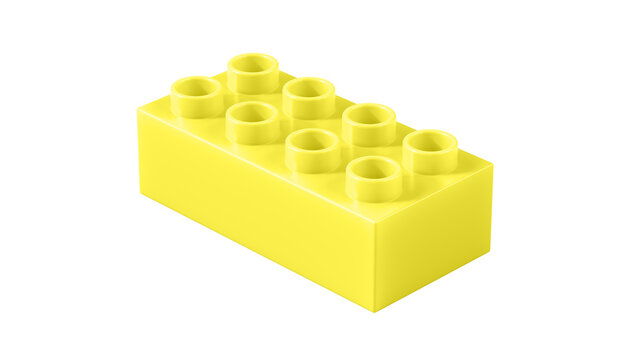 Lemon Plastic Lego Block Isolated on a White Background. Children Toy Brick, Perspective View. Close Up View of a Game Block for Constructors. 3d Rendering. 8K Ultra HD, 7680x4320, 300 dpi