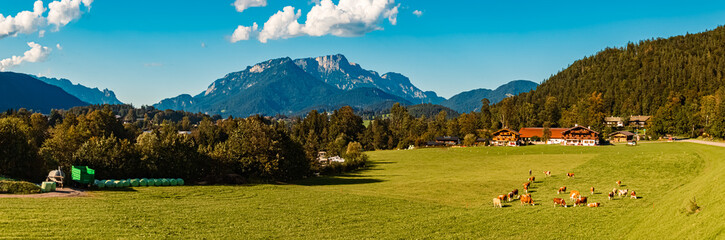 High resolution stitched alpine summer panorama at Lake Koenigssee, Schoenau, Berchtesgaden,...