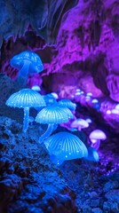 Fototapeta na wymiar Group of Blue Mushrooms in Cave, Natural