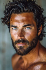 Intense Portrait of a Handsome Man.
Close-up of a man with intense blue eyes.
