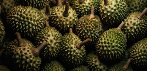 A pile of fresh green durian fruit. generative AI