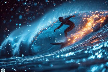 A surreal scene of a person surfing on a wave made of binary code, with cryptocurrency icons in the surf, symbolizing riding the crypto wave