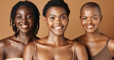 Happy, face or natural models with beauty, glowing skin or afro isolated on brown background. Facial dermatology, black women or skincare cosmetics in studio with girl friends or proud African people - obrazy, fototapety, plakaty