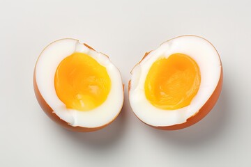 A half-boiled egg in the photo on a gray Background. generative AI