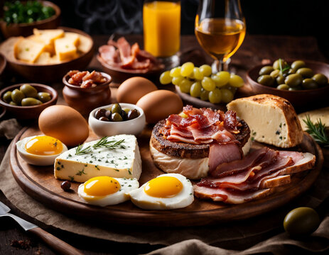 This image showcases a lavish spread of various gourmet foods arranged on a wooden table, creating an inviting and appetizing scene.