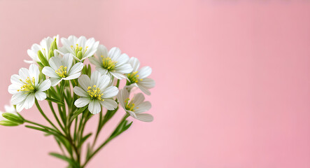 White flowers on a pink background. Copy place. Floral banner.