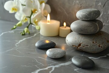 Fototapeta na wymiar Zen Spa Stones with Orchids and Candles