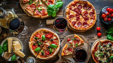 Assorted Pizzas with Wine Overhead View