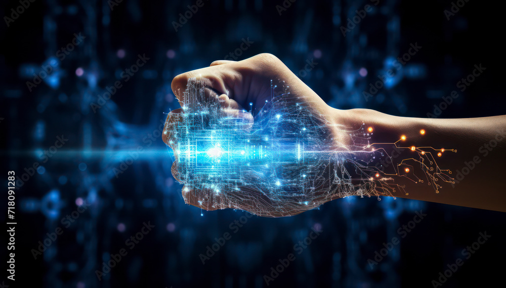 Poster digital networking in business technology: innovative web interface, blue-toned cyberspace, and futu