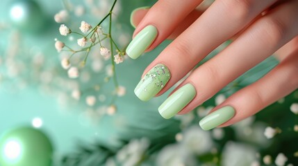 Elegant Mint Green Nail Art with Glistening Gems