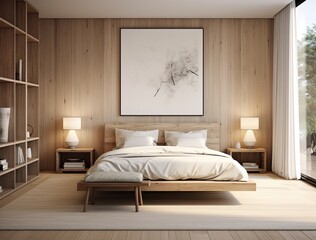 Wooden bedroom interior with a wooden floor, a double bed and a poster. 3d rendering mock up
